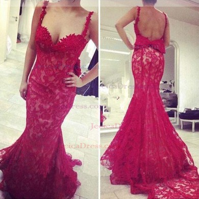 Lace Trumpet/Mermaid V-neck Sweep Train with Beading Prom Dresses #JCD020104395