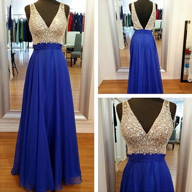 Chiffon Tulle A-line V-neck Floor-length with Crystal Detailing Prom Dresses #JCD020104396