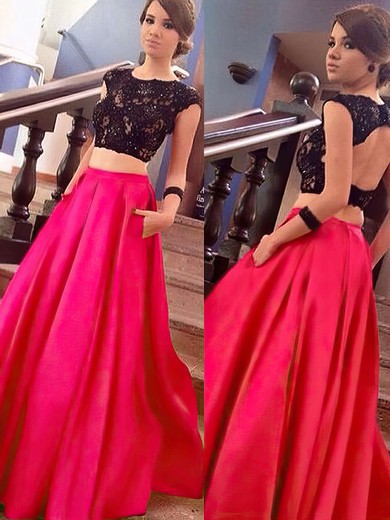 Satin Tulle Ball Gown Scoop Neck Sweep Train with Beading Prom Dresses #JCD020104397