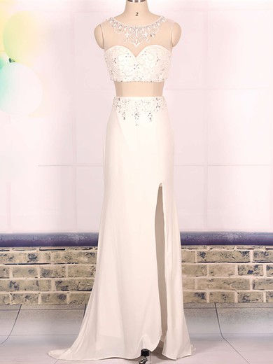Chiffon Tulle Sheath/Column Scoop Neck Sweep Train with Split Front Prom Dresses #JCD020104405