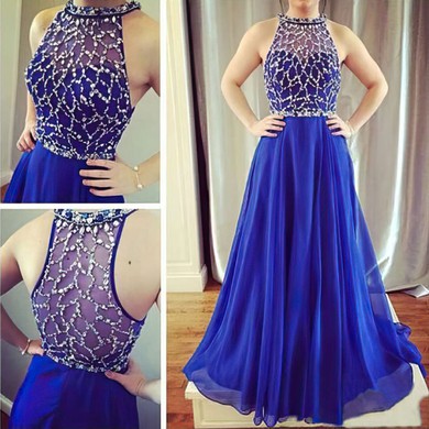 Tulle Chiffon A-line Scoop Neck Sweep Train with Beading Prom Dresses #JCD020104406