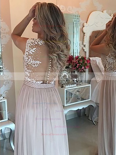 Chiffon Tulle A-line Scoop Neck Floor-length with Pearl Detailing Prom Dresses #JCD020104407