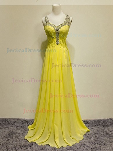 Tulle Chiffon A-line V-neck Floor-length with Crystal Detailing Prom Dresses #JCD020104409