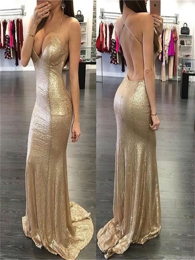 Sequined Sheath/Column V-neck Sweep Train with Ruffles Prom Dresses #JCD020104423