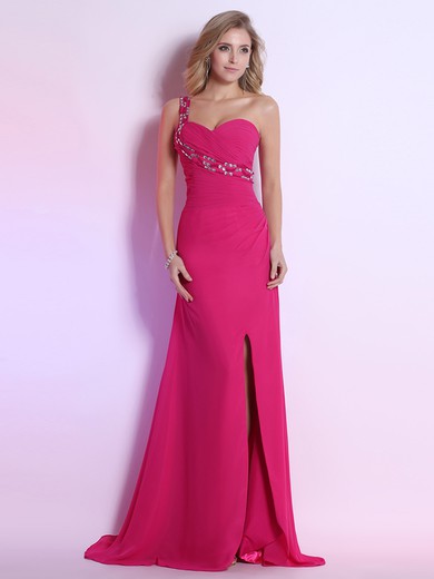 Hot One Shoulder Split Front Fuchsia Chiffon Sweep Train Prom Dress #JCD02023121