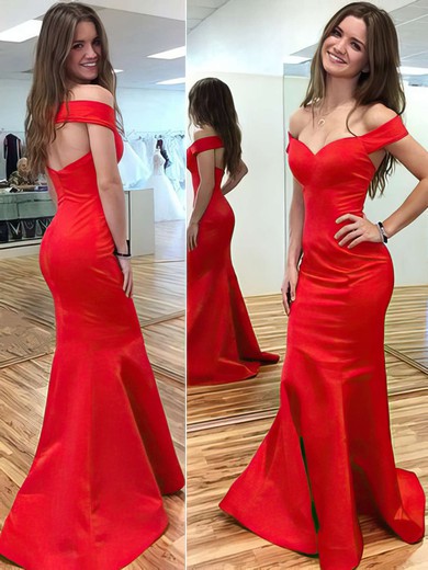 Satin Trumpet/Mermaid Off-the-shoulder Sweep Train with Ruffles Prom Dresses #JCD020104425