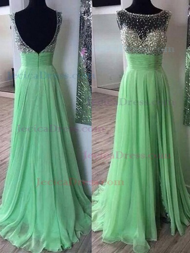 Chiffon Tulle A-line Scoop Neck Sweep Train with Crystal Detailing Prom Dresses #JCD020104431