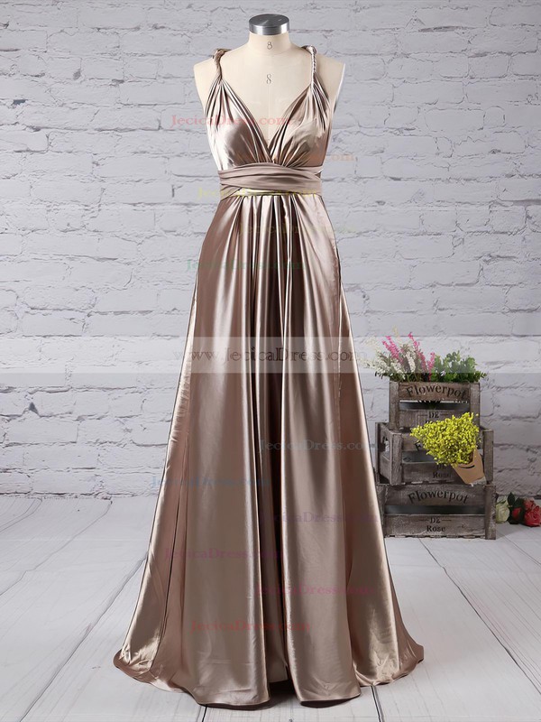 Silk-like Satin A-line V-neck Ankle-length with Ruffles Prom Dresses #JCD020104433