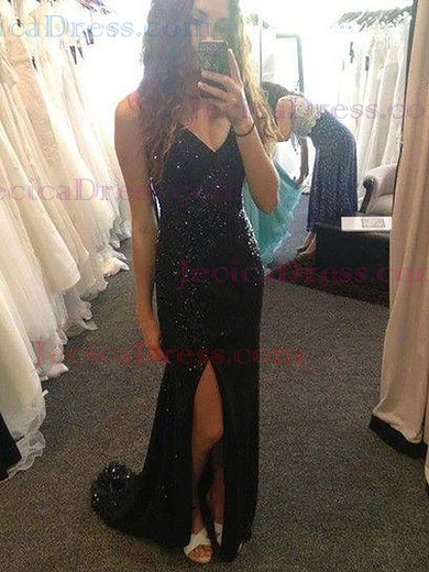 Sequined Trumpet/Mermaid V-neck Sweep Train with Split Front Prom Dresses #JCD020104434
