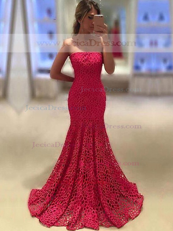 Lace Trumpet/Mermaid Strapless Sweep Train with Ruffles Prom Dresses #JCD020104435
