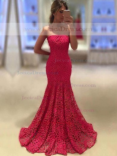 Lace Trumpet/Mermaid Strapless Sweep Train with Ruffles Prom Dresses #JCD020104435