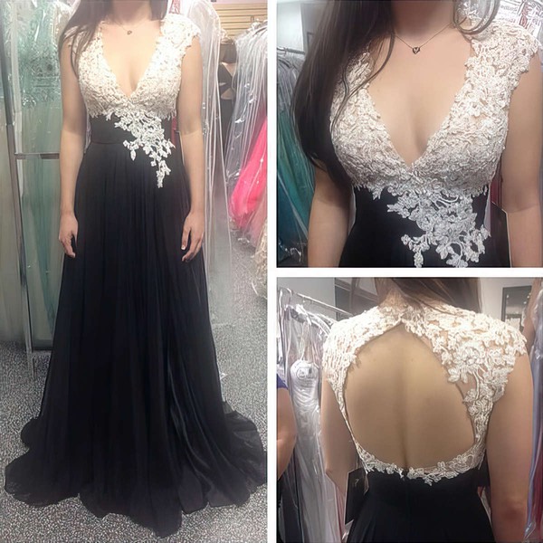 Chiffon Tulle A-line V-neck Sweep Train with Beading Prom Dresses #JCD020104441
