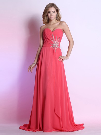 Designer Watermelon Chiffon Sweep Train Sequins Sweetheart Prom Dress #JCD02014305