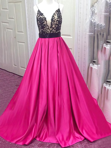 Satin Tulle Ball Gown V-neck Sweep Train with Beading Prom Dresses #JCD020104445