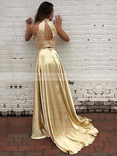 Silk-like Satin A-line High Neck Sweep Train with Beading Prom Dresses #JCD020104449