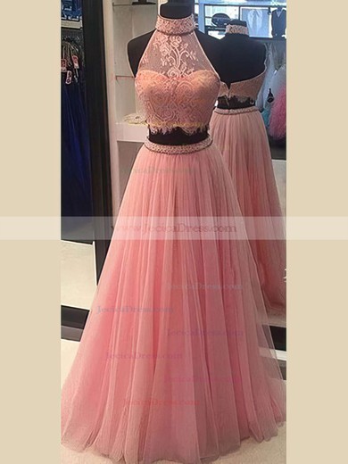 Lace Tulle Princess High Neck Sweep Train with Beading Prom Dresses #JCD020104453