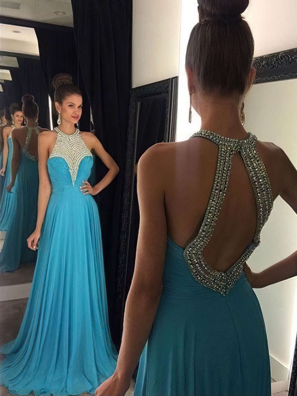 Chiffon A-line Scoop Neck Sweep Train with Crystal Detailing Prom Dresses #JCD020104454