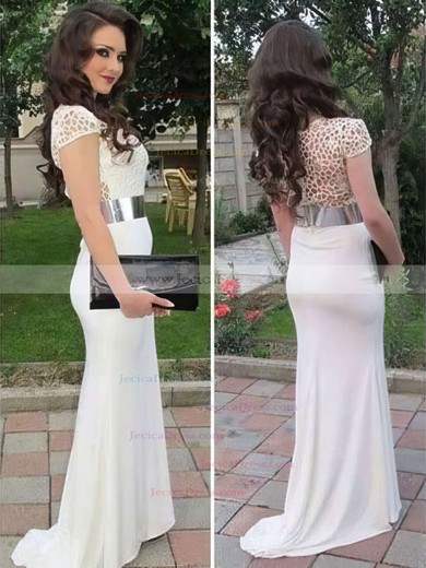 Chiffon Tulle Trumpet/Mermaid Scoop Neck Sweep Train with Sashes / Ribbons Prom Dresses #JCD020104460