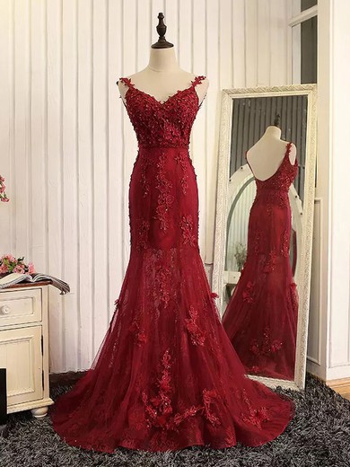 Lace Tulle Trumpet/Mermaid V-neck Sweep Train with Appliques Lace Prom Dresses #JCD020104468