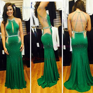 Tulle Chiffon Trumpet/Mermaid Scoop Neck Sweep Train with Crystal Detailing Prom Dresses #JCD020104487