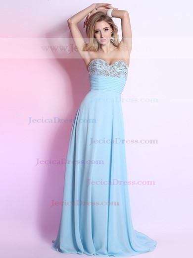 Blue Chiffon Sweetheart Crystal Detailing Sweep Train Popular Prom Dress #JCD02014309