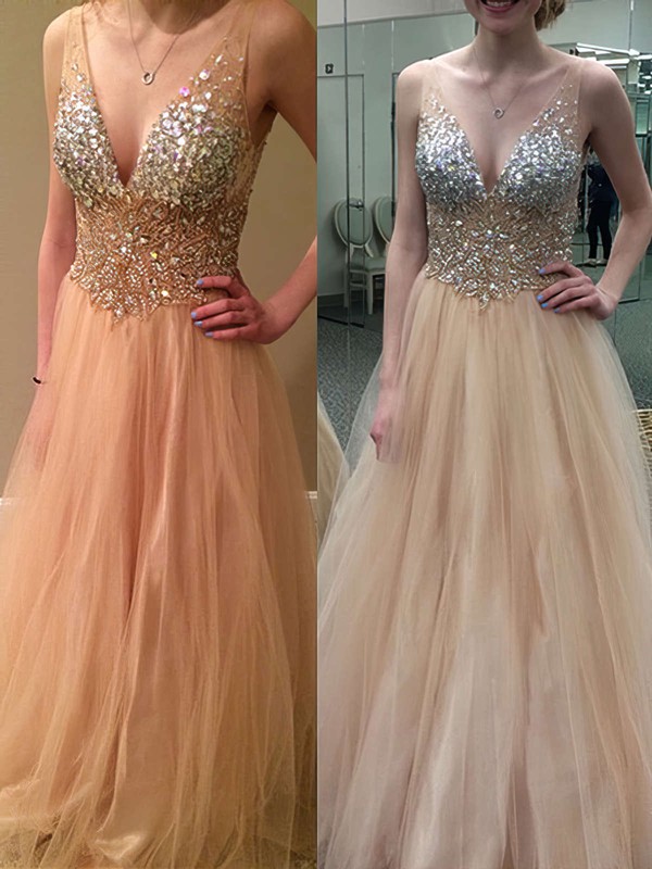 Tulle Princess V-neck Floor-length with Crystal Detailing Prom Dresses #JCD020104498