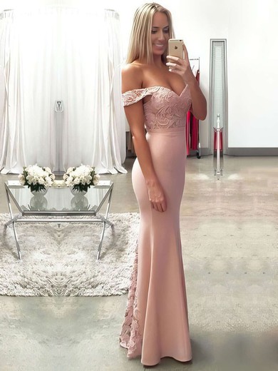 Lace Silk-like Satin Trumpet/Mermaid Off-the-shoulder Floor-length with Ruffles Prom Dresses #JCD020104503