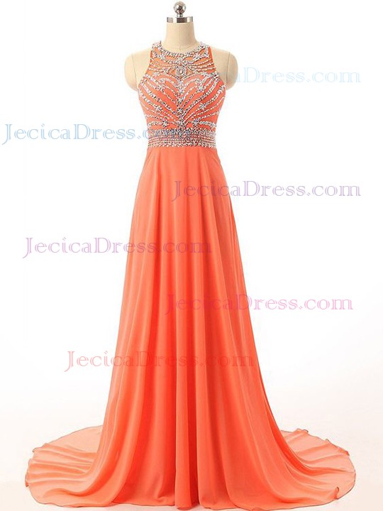 Chiffon Tulle A-line Scoop Neck Sweep Train with Beading Prom Dresses #JCD020104506