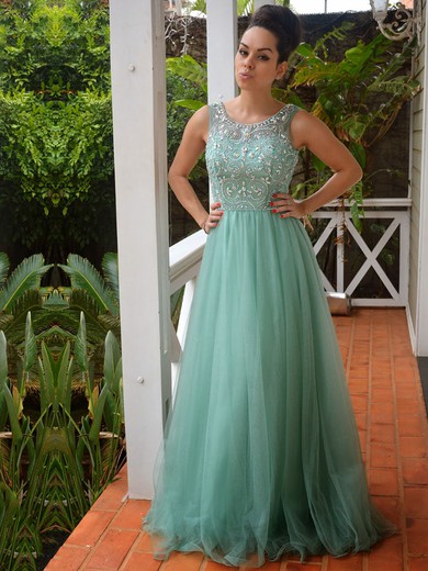 Tulle A-line Scoop Neck Floor-length with Beading Prom Dresses #JCD020104507