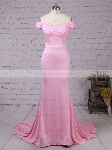 Tulle Silk-like Satin Trumpet/Mermaid Off-the-shoulder Sweep Train with Sashes / Ribbons Prom Dresses #JCD020104517