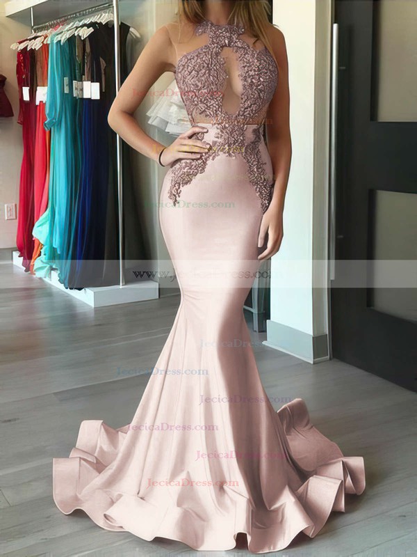 Tulle Silk-like Satin Trumpet/Mermaid Scoop Neck Sweep Train with Appliques Lace Prom Dresses #JCD020104520