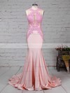 Tulle Silk-like Satin Trumpet/Mermaid Scoop Neck Sweep Train with Appliques Lace Prom Dresses #JCD020104520
