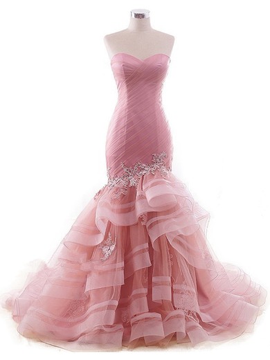Tulle Trumpet/Mermaid Sweetheart Sweep Train with Appliques Lace Prom Dresses #JCD020104525
