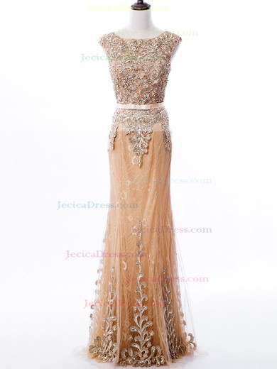 Lace Tulle Trumpet/Mermaid Scoop Neck Floor-length with Sashes / Ribbons Prom Dresses #JCD020104533