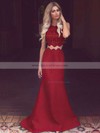 Satin Tulle Trumpet/Mermaid Scoop Neck Sweep Train with Appliques Lace Prom Dresses #JCD020104536