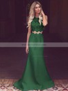 Satin Tulle Trumpet/Mermaid Scoop Neck Sweep Train with Appliques Lace Prom Dresses #JCD020104536