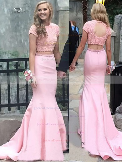 Satin Trumpet/Mermaid Scoop Neck Sweep Train with Pearl Detailing Prom Dresses #JCD020104541