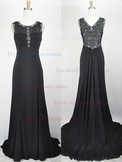 Chiffon Tulle Trumpet/Mermaid Scoop Neck Sweep Train with Split Front Prom Dresses #JCD020104285