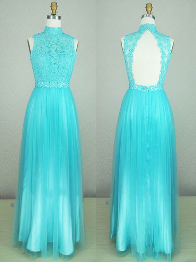 Tulle A-line High Neck Floor-length with Appliques Lace Prom Dresses #JCD020104286