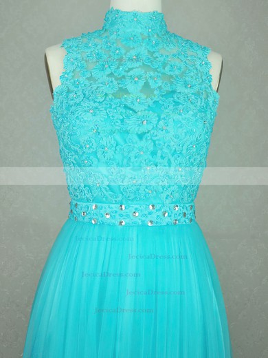 Tulle A-line High Neck Floor-length with Appliques Lace Prom Dresses #JCD020104286