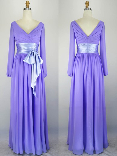 Chiffon A-line V-neck Floor-length with Sashes / Ribbons Prom Dresses #JCD020104289