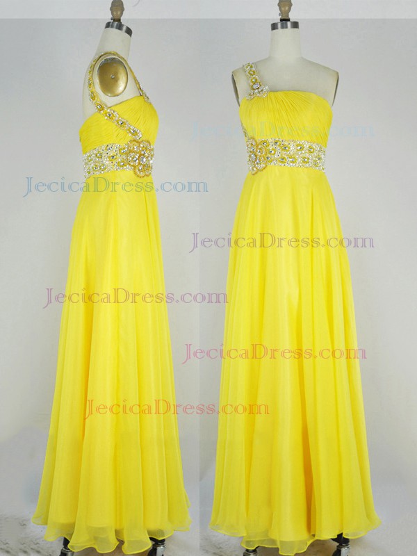 Chiffon Empire One Shoulder Floor-length with Beading Prom Dresses #JCD020104305