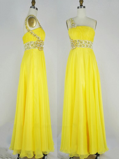 Chiffon Empire One Shoulder Floor-length with Beading Prom Dresses #JCD020104305