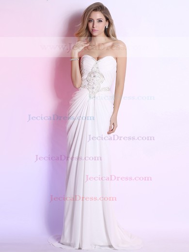 White Chiffon Watteau Train Sheath/Column Beading Best Prom Dress #JCD02023123