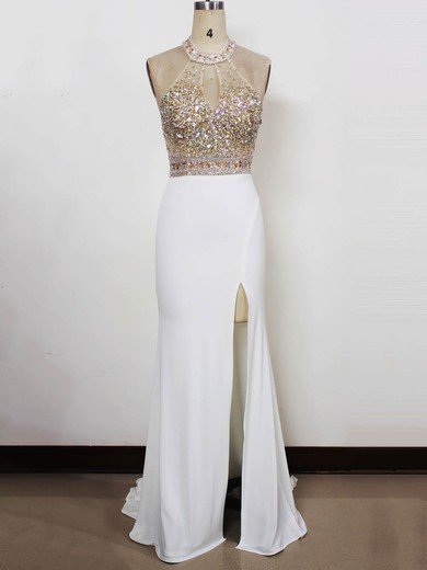 Chiffon Tulle Trumpet/Mermaid Halter Sweep Train with Split Front Prom Dresses #JCD020104325