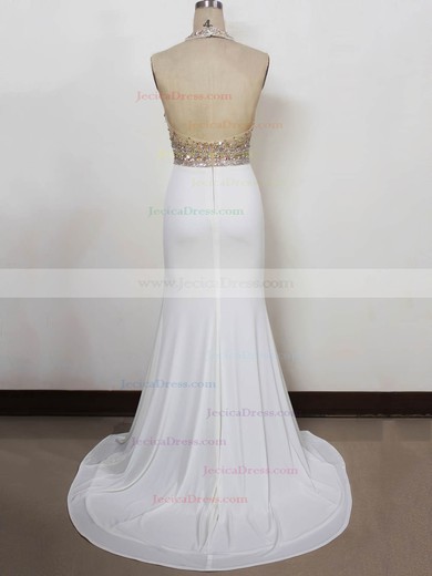 Chiffon Tulle Trumpet/Mermaid Halter Sweep Train with Split Front Prom Dresses #JCD020104325
