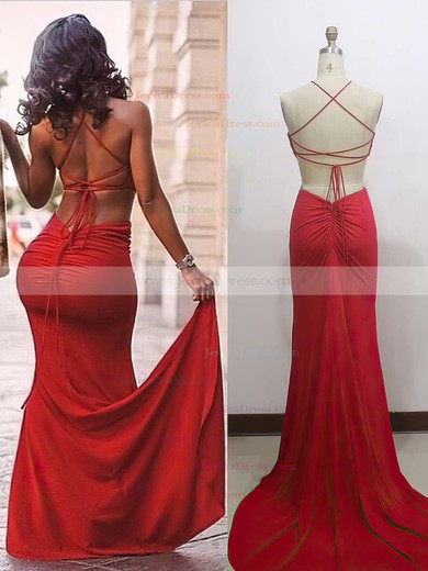 Jersey Scoop Neck Trumpet/Mermaid Sweep Train with Ruffles Prom Dresses #JCD020104329