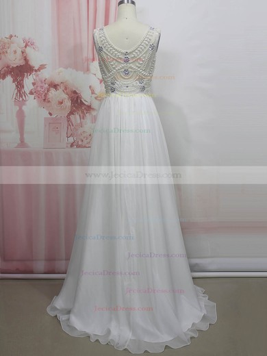 Chiffon Tulle A-line V-neck Sweep Train with Pearl Detailing Prom Dresses #JCD020104330