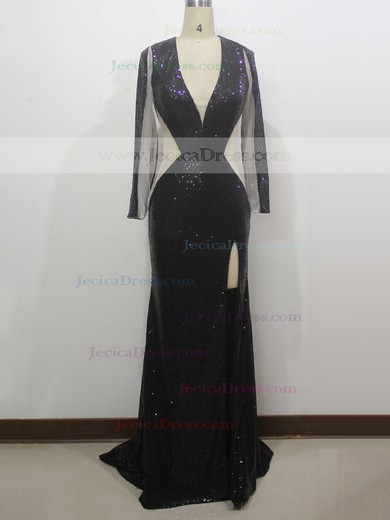 Sequined Trumpet/Mermaid V-neck Sweep Train with Split Front Prom Dresses #JCD020104334