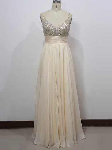 Chiffon A-line V-neck Floor-length with Crystal Detailing Prom Dresses #JCD020104335